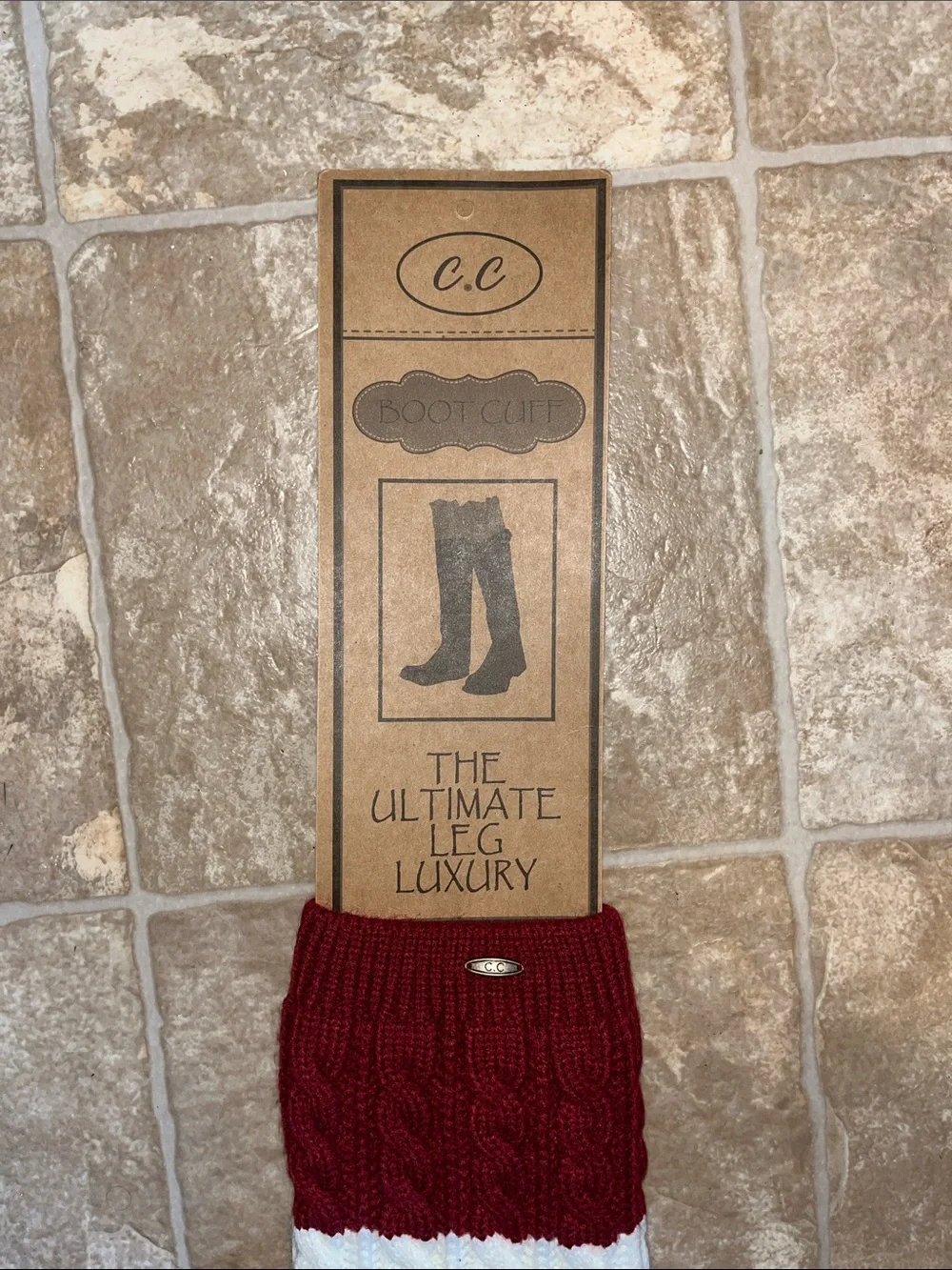 NWT C.C Two-Tone Cable Knit Boot Cuffs — Burgundy and White